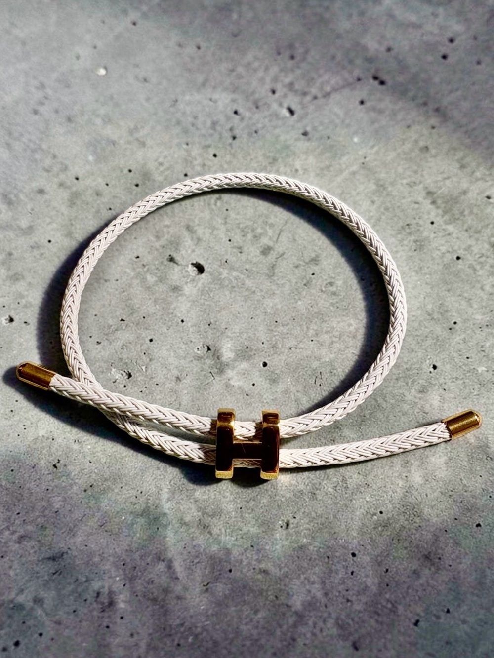 White Braided Rope Cord Bracelet with Gold-Tone Stainless Steel
